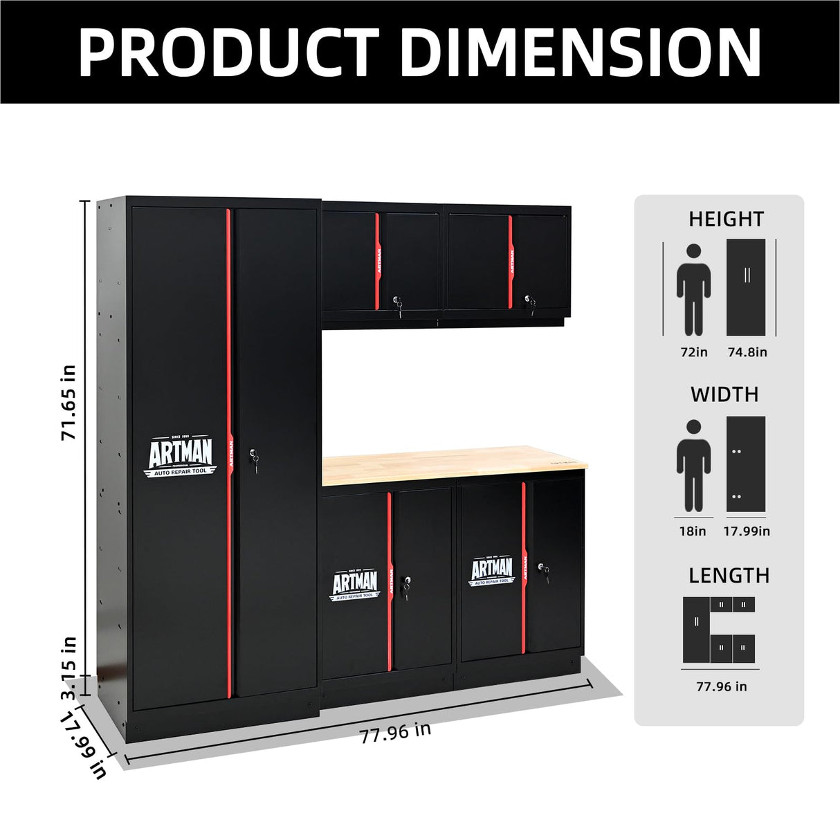 ELIHGTBY 72 inch 6-PCS Modular LED Light Garage Cabinet System Heavy-Duty Steel Workbench with Cabinets Complete Garage Storage System with Solid Wood Top Lockable Drawers for Workshop ELIHGTBY