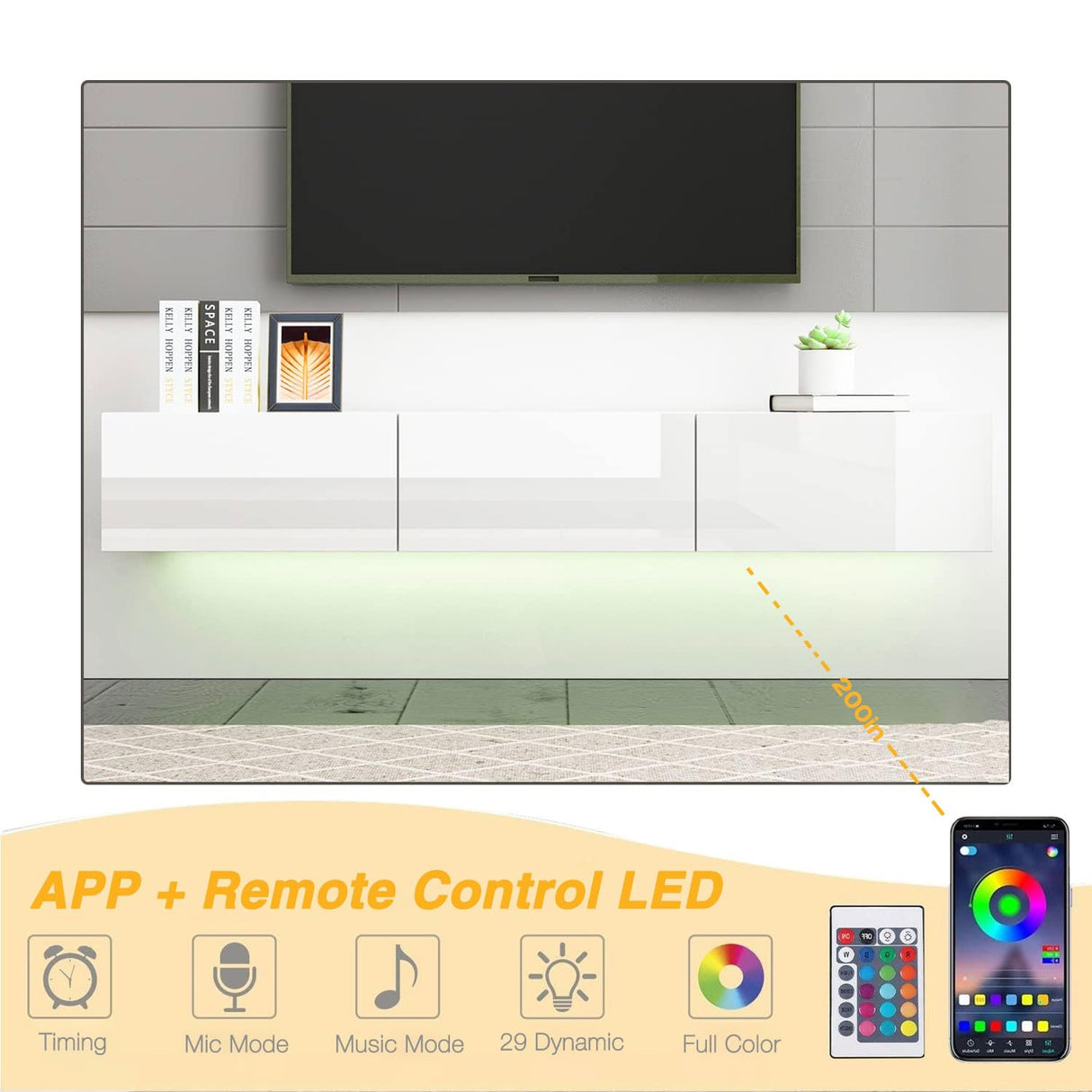 DMAITH Floating TV Stand with LED for 60 65 70in TV, Glossy Wall Mounted Modern Entertainment Center with 3 Drawers, White DMAITH