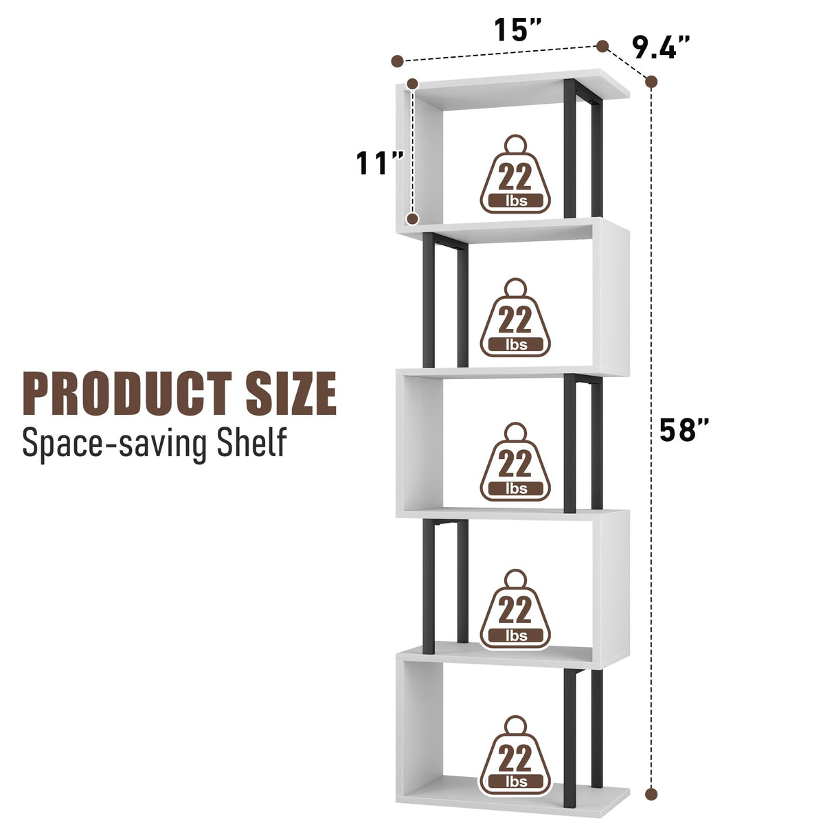Gadroad 5-Tier Bookshelf, Narrow S-Shaped Geometric Bookcase, Wood Decorative Storage Shelving, Modern Freestanding Display Shelves, Book Shelf Unit for Living Room Bedroom Home Office, White Gadroad