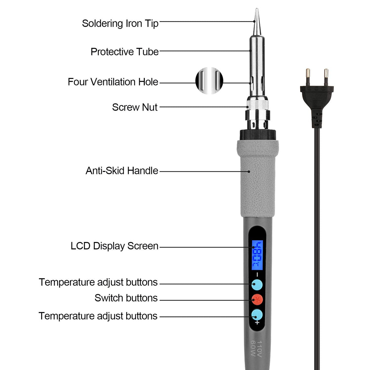 Welding Soldering Iron with Thermostatic Digital-Controlled and LCD Screen Display, 60 W Temperature Adjustable 180℃/356℉-480℃/896℉ with 5 PCS Soldering Bits, 2 Soldering Iron Stands & 1 Sponge IMAGE