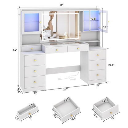 62" Large White Vanity Desk w/ Tempered Glass Top,60000-color LED Lights,Power Outlet, Make up Vanity w/ 3 Lights Mode LED Mirror,9 Drawers,2 RGB Cabinet LED Vanity Table for Women,Girls - WoodArtSupply