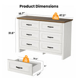 Amada Farmhouse 6 Drawer Dresser for Bedroom, 47.2 Inch Wide Wood Dresser with Natural Texture, Large Drawers, Rustic Farmhouse Chest of Drawers for Bedroom, Living Room, Hallway, Brown & White AMADA HOMEFURNISHING