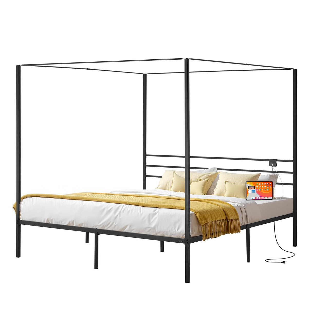 VEVOR Canopy Bed Frame King Size, Metal Canopy Bed with Charging Station and Four Posters Design, Heavy Duty Steel Slats Support, Underbed Storage Space, No Box Spring Needed, Easy Assembly, Black VEVOR