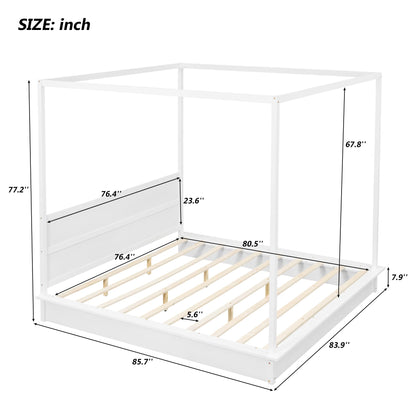 Harper & Bright Designs King Size Canopy Bed with Headboard and LED Light, 4-Post Canopy Platform Bed Frame, Solid Wood King Bed Frame for Kids Teens Adults - White