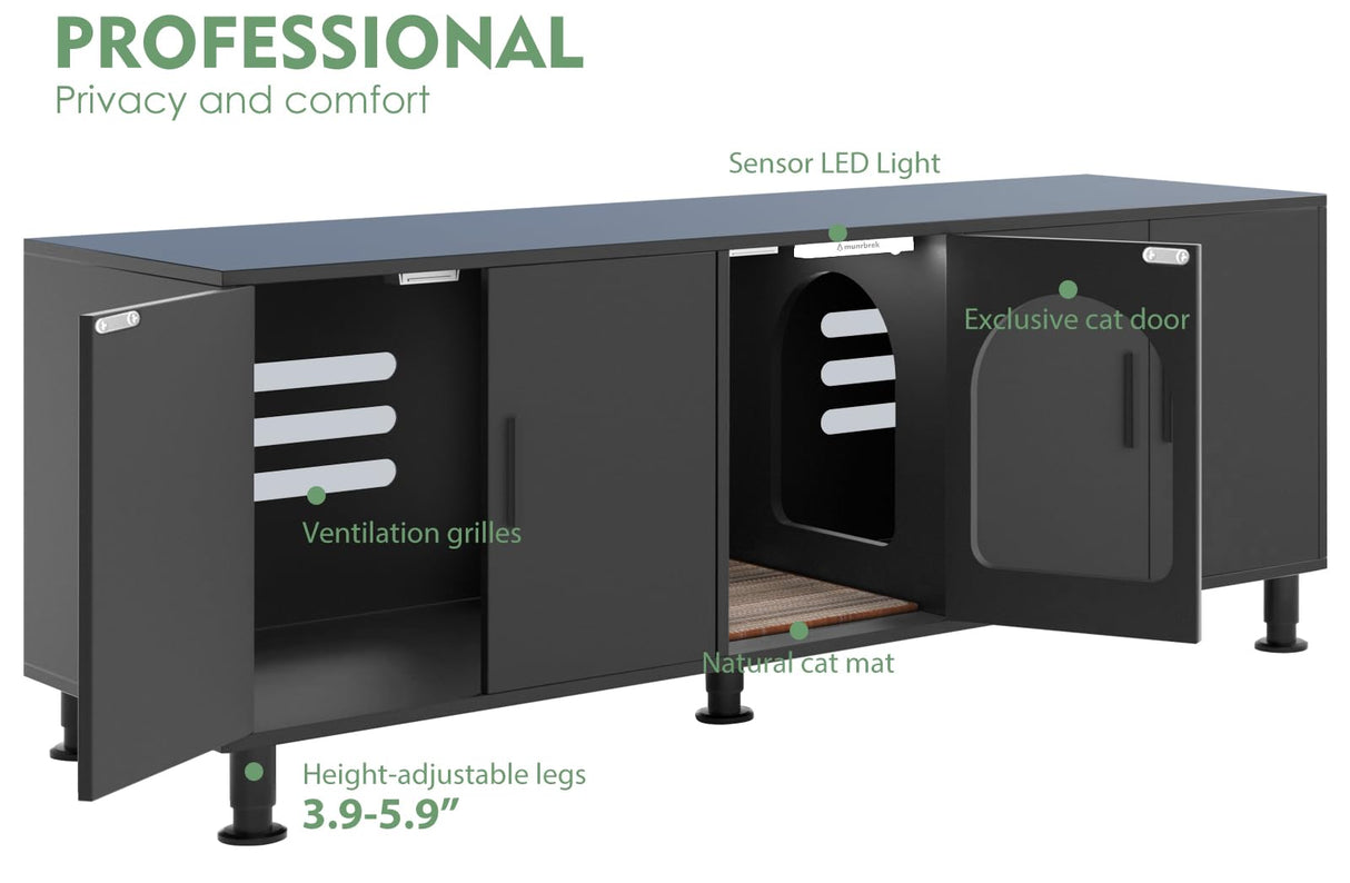 Amunrbrek Double Litter Box Enclosure, Litter Box Enclosure for 2 Litter Boxes, Modern Litter Box Furniture for 2 Cats, with Cat Door & Motion Light (Black) amunrbrek