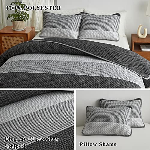 Flysheep Boho Striped Quilt Set Full Queen Size, 3 Pcs Grey and White Reversible Bedspread, Brushed Microfiber Coverlet for All Season, 1 Quilt + 2 Pillow Shams Flysheep
