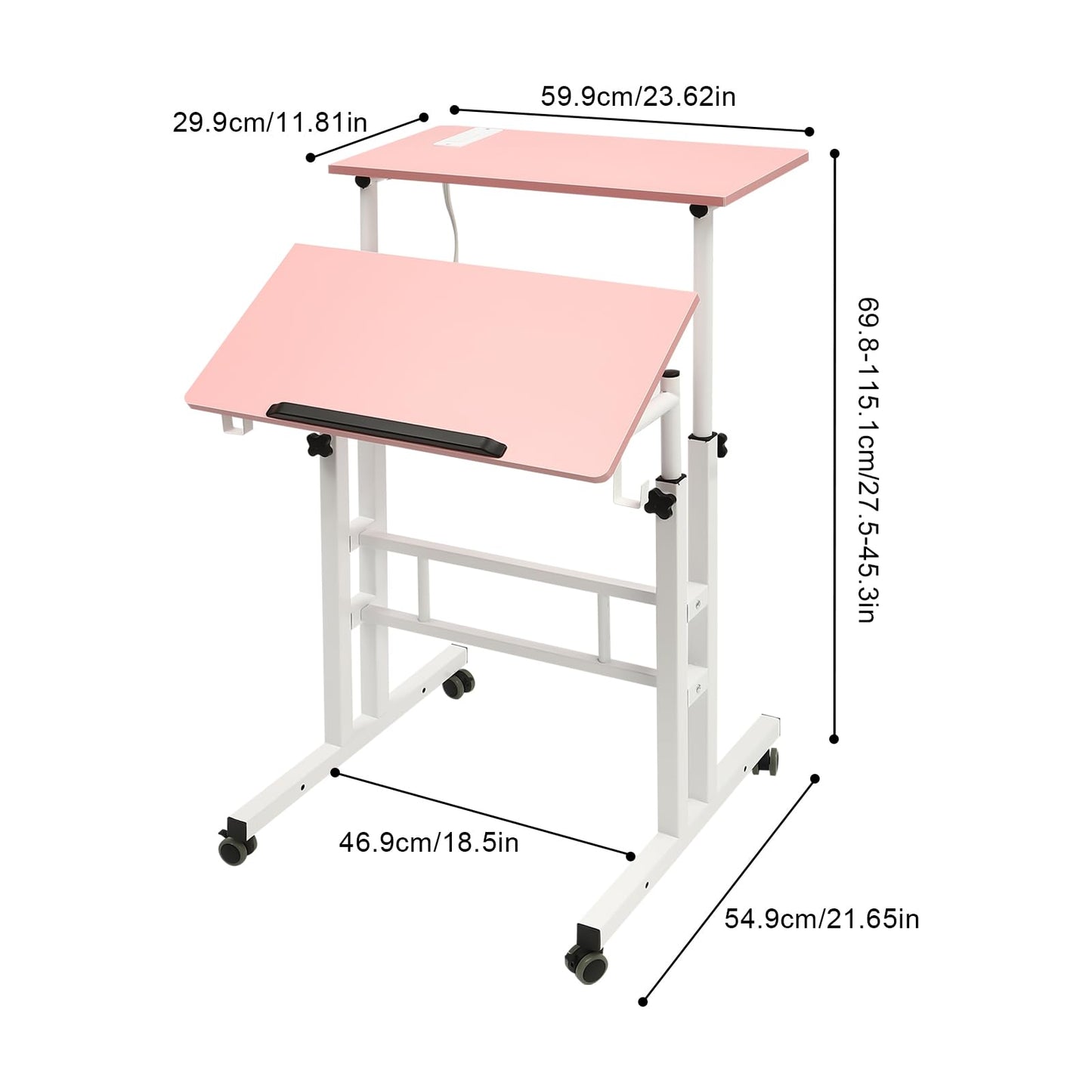 Upyouths Mobile Stand up Desk with USB Interfaces&Socket, Adjustable Standing Desk with Wheels Home Office Workstation, Sit Stand Desk Rolling Desk Laptop Cart for Standing or Sitting (Pink)