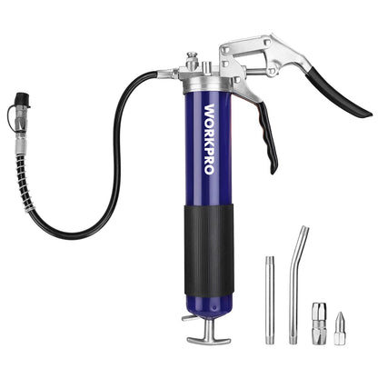 WORKPRO Grease Gun Kit, 6000PSI Heavy Duty Grease Gun with 18inch Flexible Hose, 2 Fixed Tubes and 3 Nozzles, 14oz Load - WoodArtSupply