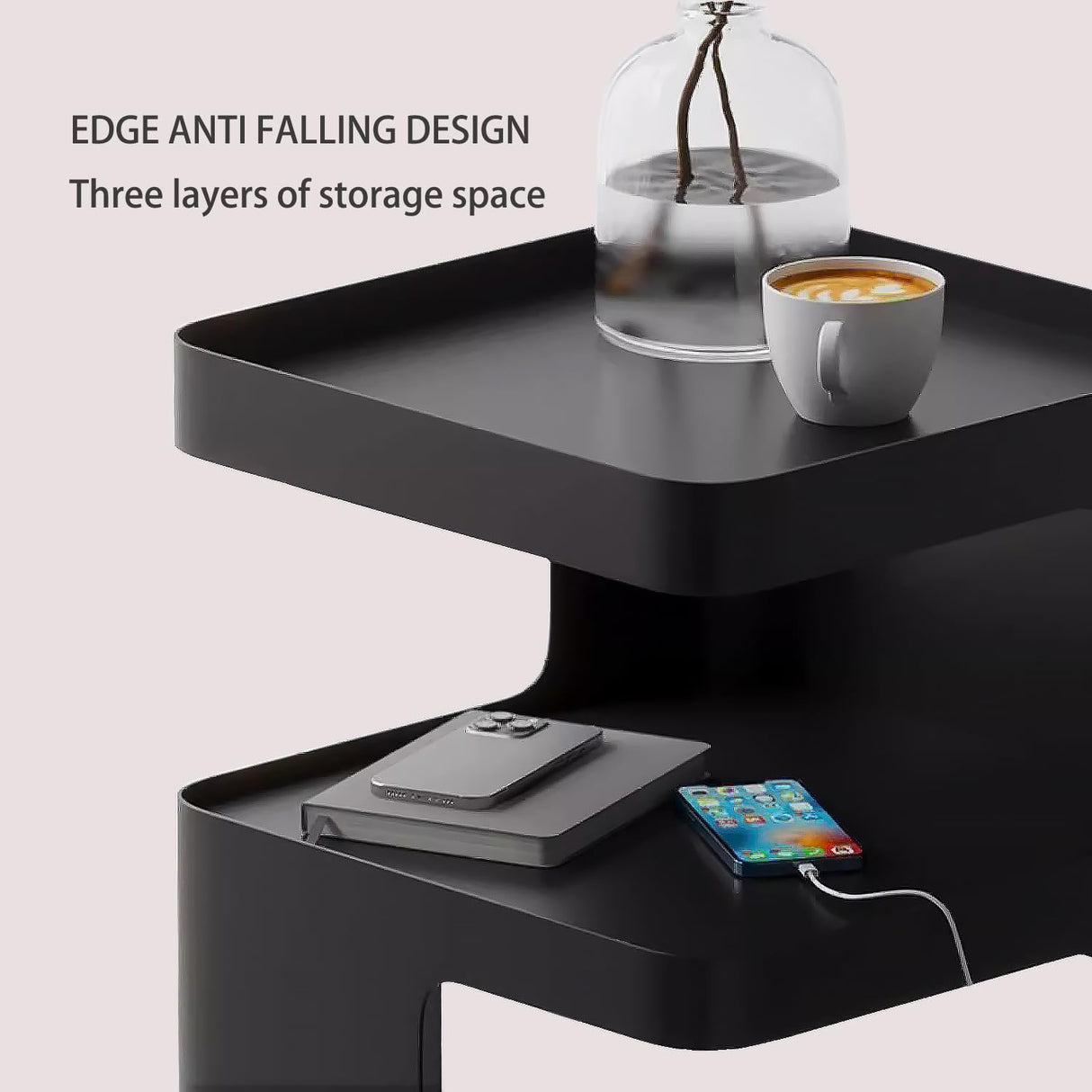 BUZUEY Side Table,Modern end Table,Unique nightstand,Black Metal Bedside Table,3-Tier Accent Table with Storage for Bedroom,Living Room,Small Space,Couch.No Assembly Required BUZUEY