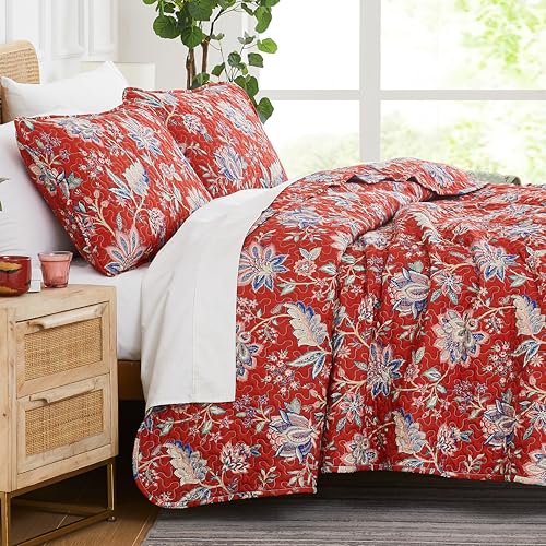 Southshore Fine Living, Inc. Oversized King Quilt Bedding Set, Jacobean Willow Floral Quilt Set with 2 Matching Pillow Shams, Lightweight California King Bed Spread, Soft Microfiber Fabric, Red Southshore Fine Living, Inc.