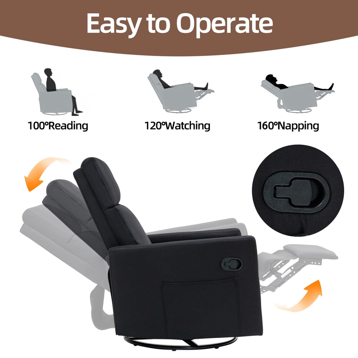 LONWIK Swivel Rocker Recliner Chairs Set of 2, Upholstered Fabric Nursery Rocking Glider Chair with Adjustable Backrest and Footrest, Lay Flat Recliner Single Lazy Sofa for Living Room(Black) LONWIK