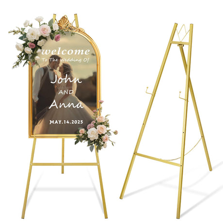 WATIHERE 57.5" Gold Easel Stand for Wedding Sign – 4 Adjustable Height Levels, Assembly Required, Heavy Duty Metal Display Stand for Art, Paintings, Posters, Pictures, and Home Décor WATIHERE