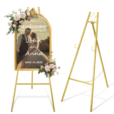 WATIHERE 57.5" Gold Easel Stand for Wedding Sign – 4 Adjustable Height Levels, Assembly Required, Heavy Duty Metal Display Stand for Art, Paintings, Posters, Pictures, and Home Décor