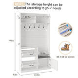 Maupvit Entryway Hall Tree with Bench and Shoe Storage, 5-in-1 Narrow Hall Tree with LED Light, Cushioned Stool & 9 Hooks, 2 Flip Drawers, 78" Coat Shoe Rack for Mudroom, Hallway, Living Room, White Maupvit