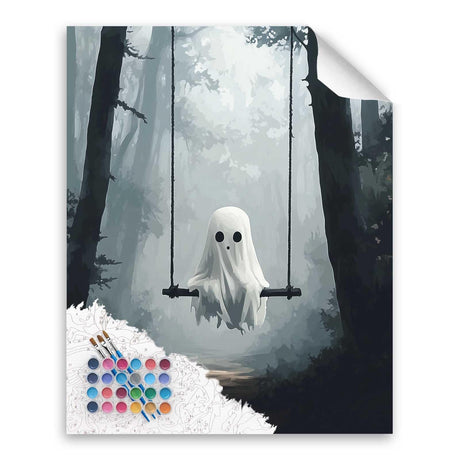 Ghost Sitting on Swing Paint by Numbers Kit for Adult, Halloween Paint by Number, Misty Forest Landscape Easy Acrylic DIY Oil Painting on Canvas for Gift Home Wall Decor(16x20inch, No Frame) Cawpom