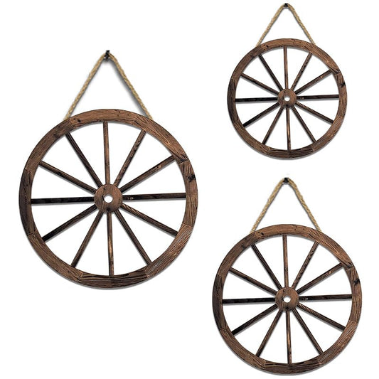 iMagitek 3 Pack Wooden Wagon Wheel Decor Vintage Old Western Decor Farmhouse Hanging Decorative Wheels for Garden Home Bar Garage 12/10/8 Inch