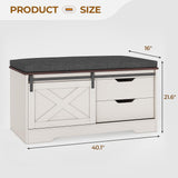 UPOSOJA Farmhouse Storage Bench with Cushion, Shoe Rack with Slide Barn Doors, Adjustable Shelf and 2 Drawer for Entry, Bedroom, Closet, Living Room, Hallway (White Brown, 40 in) UPOSOJA