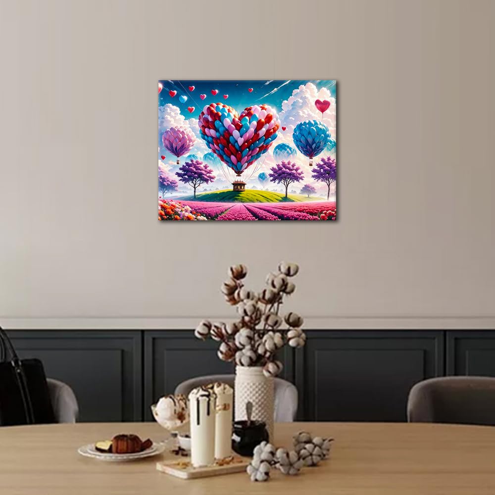 Romantic Paint by Numbers Kit for Adults Heart-Shaped Balloon and Pink Clouds and Flower Fields Paint by Number with Brushes and Pigment, Tarot Banner Oil Painting, 16x20 Inch TUMOVO