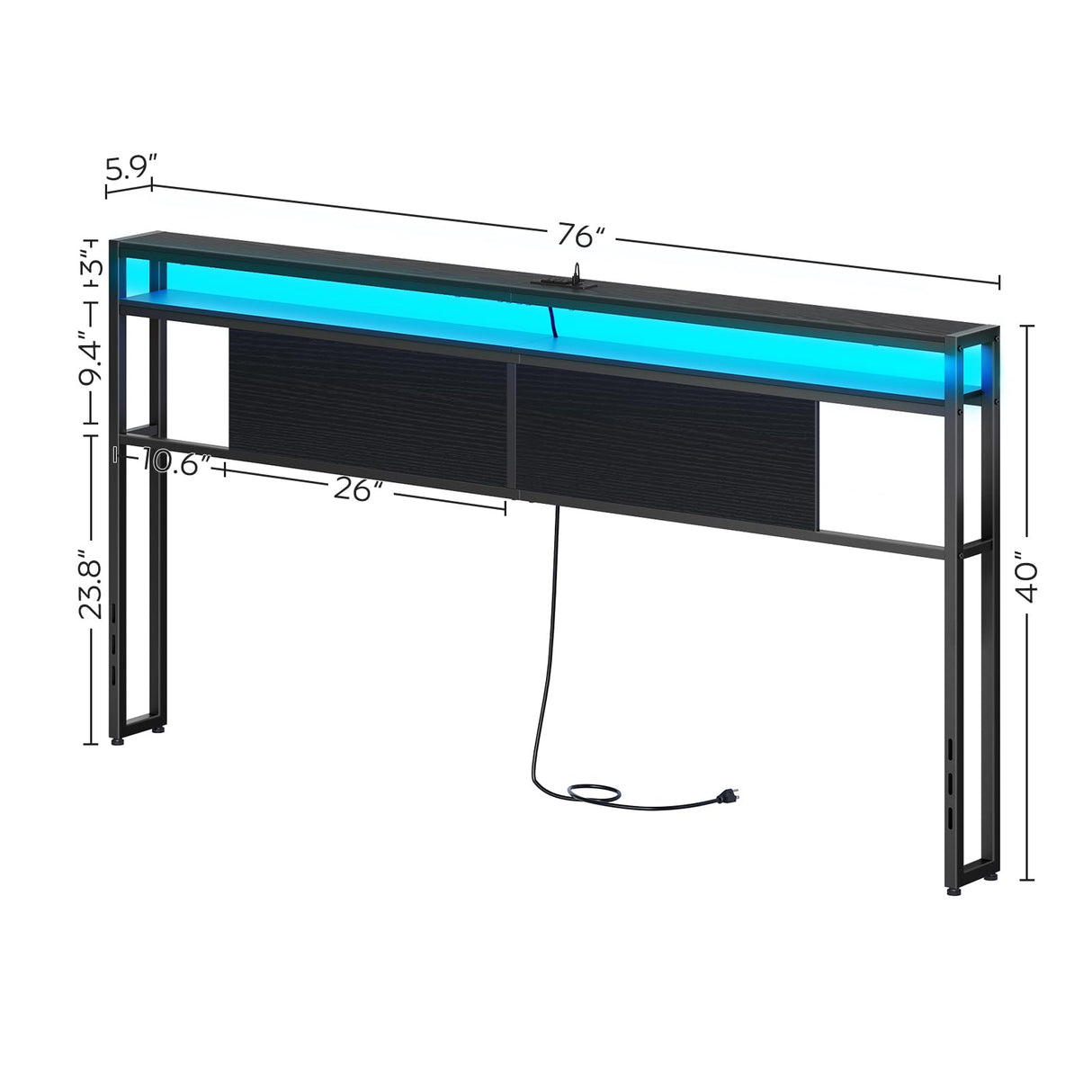 YATINEY King Size Headboard, Headboard with Light and Outlets, Headboard with 2 Storage Shelves, Storage Rack, Adjustable Height, Sturdy and Stable, Easy Assembly, Black YATINEY