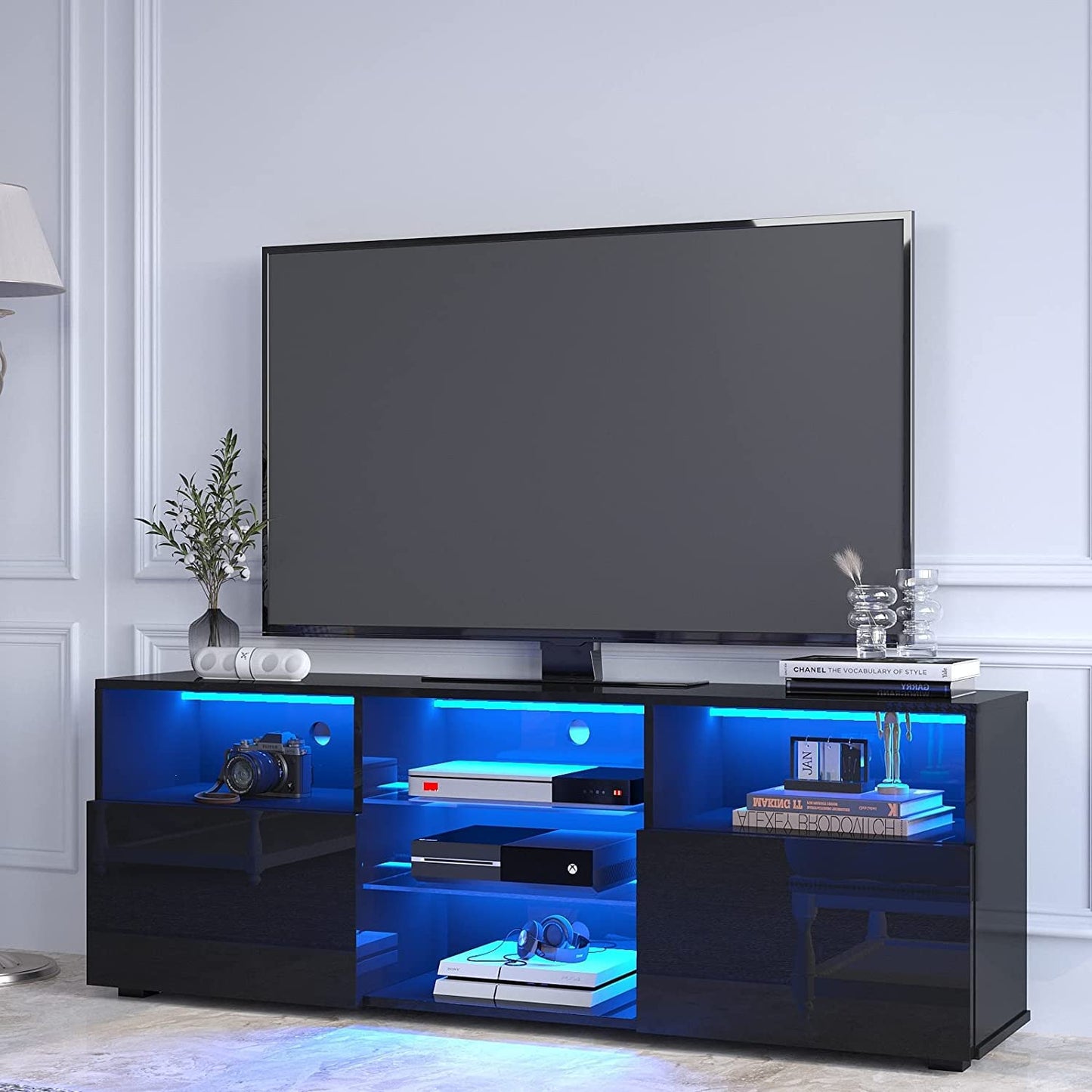 St.Mandyu LED TV Stand for 50/55/60 inch TV, Modern Television Table Center Media Console with Drawer and Led Lights, High Glossy Entertainment Center for Living Game Room Bedroom, Black¡ - WoodArtSupply