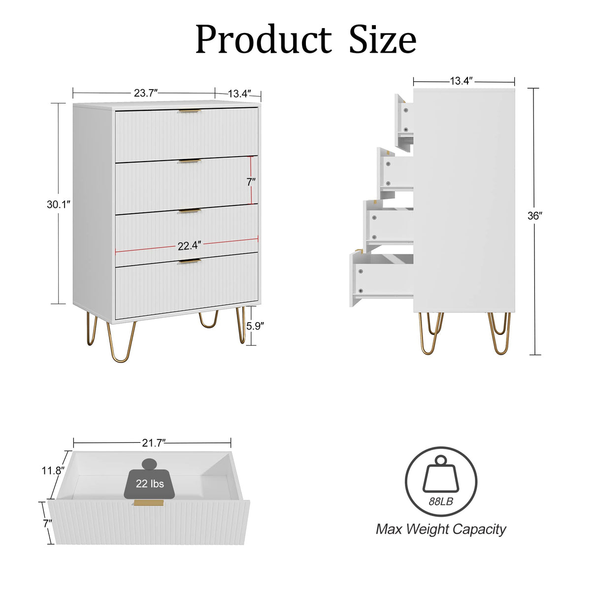 Masupu 4 Drawer Dresser, Drawer Chest, Tall Storage Chest Cabinet Organizer Unit with Metal Legs, Small Dresser for Bedroom, Living Room, Closet, Hallway White Stripe Masupu