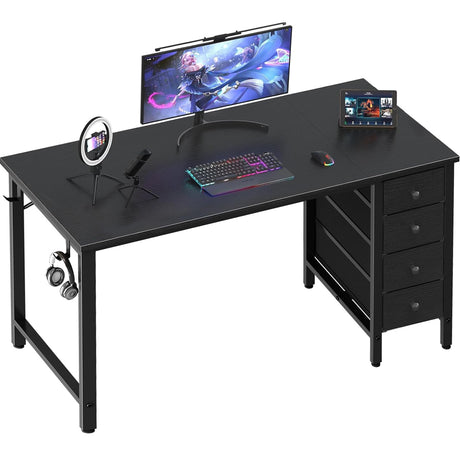 Lufeiya Gaming Desk with Fabric Drawers - 55 Inch Long Study Work Writing Reversible Computer Desk for Home Office Bedroom, Simple Modern Cute PC Desks with Drawer, Black Lufeiya