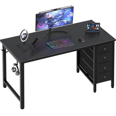 Lufeiya Gaming Desk with Fabric Drawers - 55 Inch Long Study Work Writing Reversible Computer Desk for Home Office Bedroom, Simple Modern Cute PC Desks with Drawer, Black