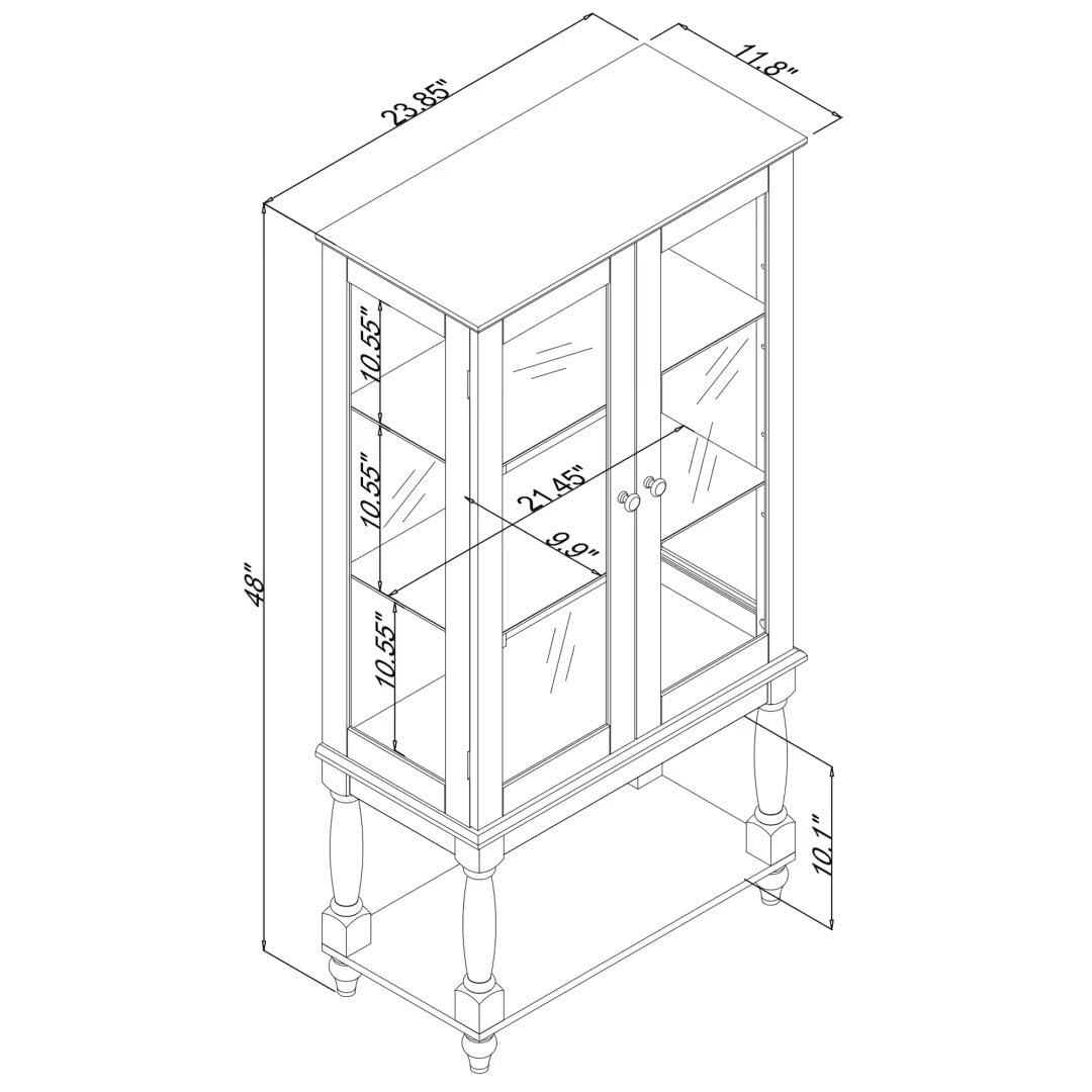 48"H Curio Cabinet Lighted Curio Diapaly Cabinet with Open Storage Space,Solid Wood Legs and adjustable Shelves,Acrylic Mirrored Back Panel,Tempered Glass Doors,3 Tier and one open space,Walnut