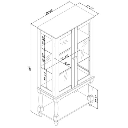 48"H Curio Cabinet Lighted Curio Diapaly Cabinet with Open Storage Space,Solid Wood Legs and adjustable Shelves,Acrylic Mirrored Back Panel,Tempered Glass Doors,3 Tier and one open space,Walnut