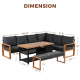 Grand patio 4-Piece Outdoor Furniture Set with Gas Fire Pit Table, Aluminum Patio Sofa Set for 8 with Faux Wood Grain Finish, Modern Patio Couch Sofa with Outdoor Bench and Chaise for Backyard Grand patio