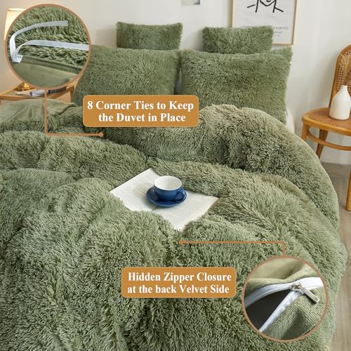 XeGe Plush Shaggy Duvet Cover Set, Luxury Soft Crystal Velvet Fluffy Furry Bedding Sets 2 Pieces(1 Faux Fur Fuzzy Comforter Cover + 1 Faux Fur Throw Pillow Sham), Zipper Closure (Twin, Sage Green) XeGe
