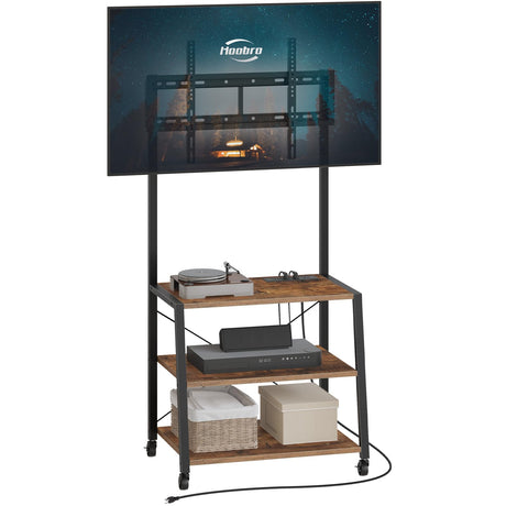 HOOBRO Rolling TV Stand with Mount and Power Outlet Up to 55 inch TV, Corner Entertainment Center, Small TV Stand with 3-Tier Storage Shelves for Living Room, Bedroom, Rustic Brown and Black BF66UDS01 HOOBRO