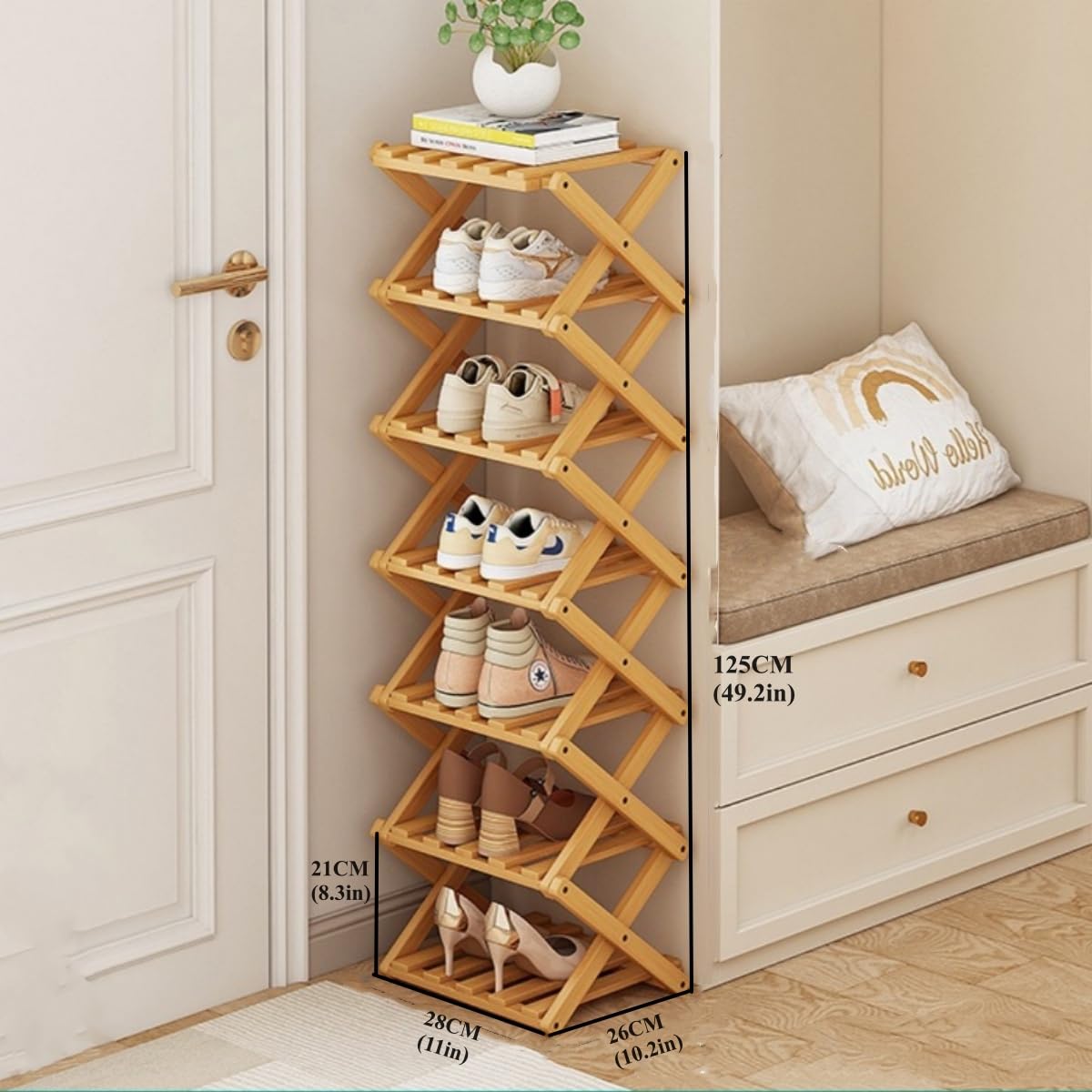 XZXWZX Shoe Rack, Bamboo Foldable Shoes Organizer Free Standing Shelf for Entryway, Closet, Bedroom, Hallway, | Natural | Functional | Multifunctional Shoe Rack (Wood Color) 7 Layers