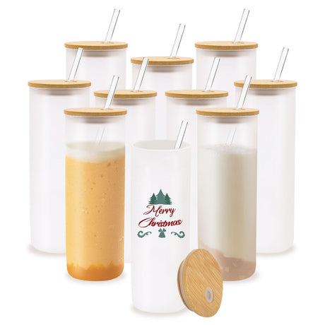 YOUKE OLA 10 Pack Sublimation Straight Glass Skinny Blanks Tumblers Frosted Glass Tumbler with Bamboo Lid and Glass Straw Tumbler Cups for Tumbler Heat Press 25oz YOUKE OLA
