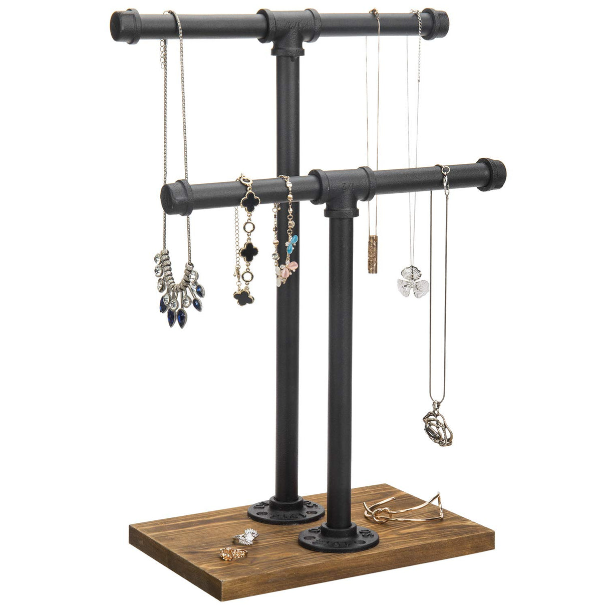 MyGift 2-Tier Urban Rustic Metal Industrial Pipe & Brown Wood T-Bar Necklace Jewelry Stand MyGift