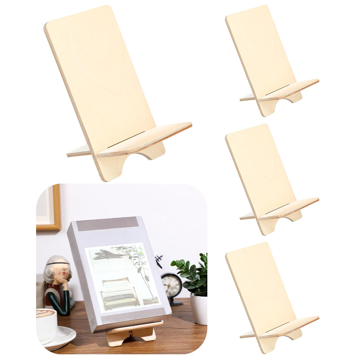 Memorywuu 4 Pack Wooden Book Stand for Display Book Holder Easel Stand Collector Display Back to School Gift for Home Office Album CD Magazine Comic Postcard Picture Artworks Memorywuu