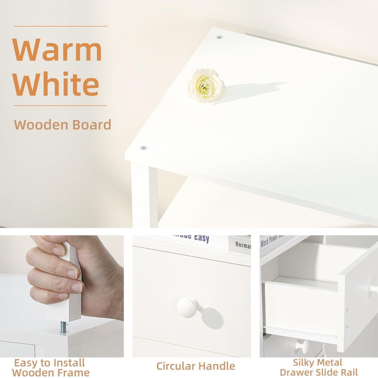 Lerliuo White Night Stand, Small Nightstand with 2 Wood Drawers and Storage Shelf, Modern Bedside Table with Wooden Frame, Rustic Couch Nightstand for Small Spaces, Narrow End Tables for Bedroom Lerliuo