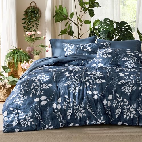 Bedsure King Size Comforter Set - 7 Pieces Floral Navy Soft Bedding Sets, King Bed in a Bag with Botanical Flowers Comforter, Sheets, Pillowcases & Shams Bedsure