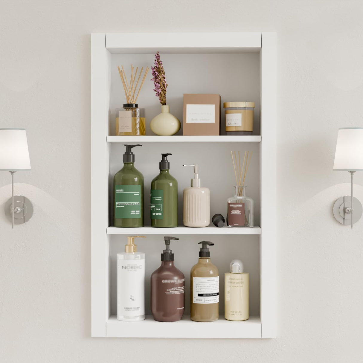 HAIDAIYA 14'' * 24'' Recessed Medicine Cabinet Wall Niche Wood, 3-Tier Bathroom Niche Insert for Drywall, in Wall Shelf Medicine Cabinets Replacement, for Living Room, Bathroom Storage, White HAIDAIYA