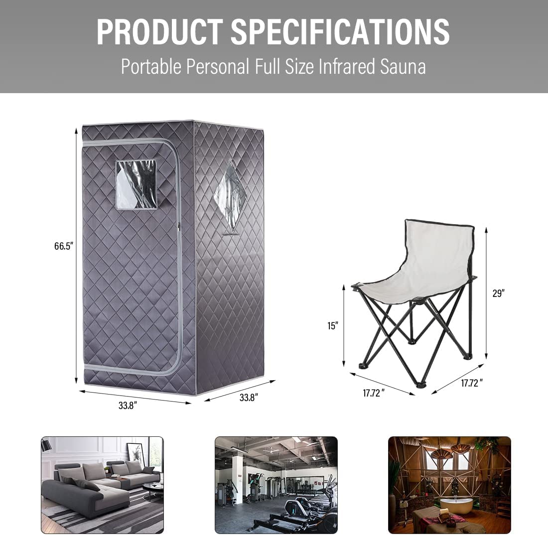 iDOTODO Full Size Portable Personal Infrared Sauna for Home, Personal Home Spa Tent with Remote Control, Heating Foot Pad, Foldable Reinforced Chair （Grey, L33.8 x W 33.8" x H 66.5" iDOTODO