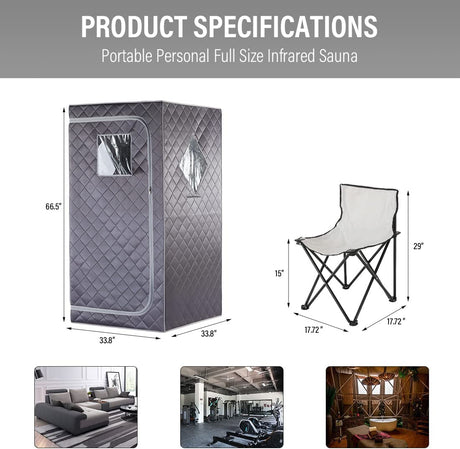 iDOTODO Full Size Portable Personal Infrared Sauna for Home, Personal Home Spa Tent with Remote Control, Heating Foot Pad, Foldable Reinforced Chair （Grey, L33.8 x W 33.8" x H 66.5" iDOTODO