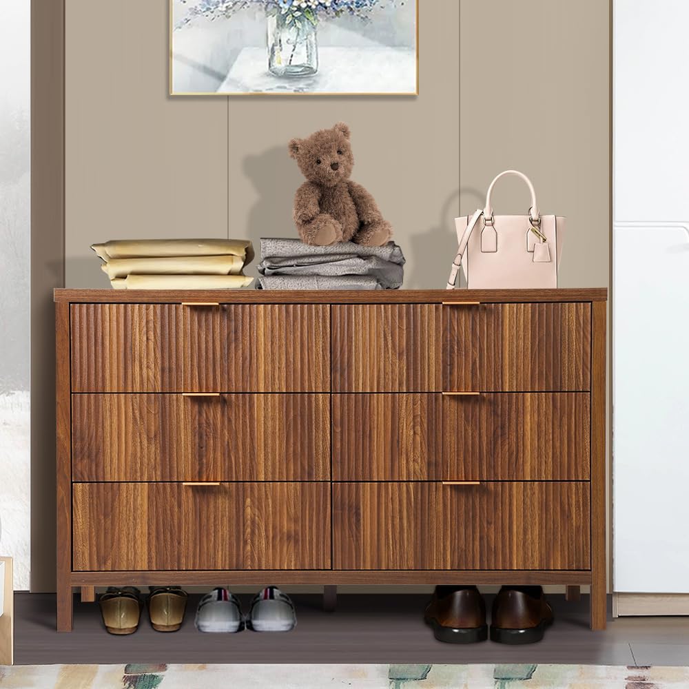 affeivul Mid Century Modern Dresser TV Stand, 6 Drawer Dresser for Bedroom Wood, Farmhouse Boho Storage Cabinet Side Table with Solid Natural Wood Legs, Long Wooden Dresser for Closet (Walnut) affeivul