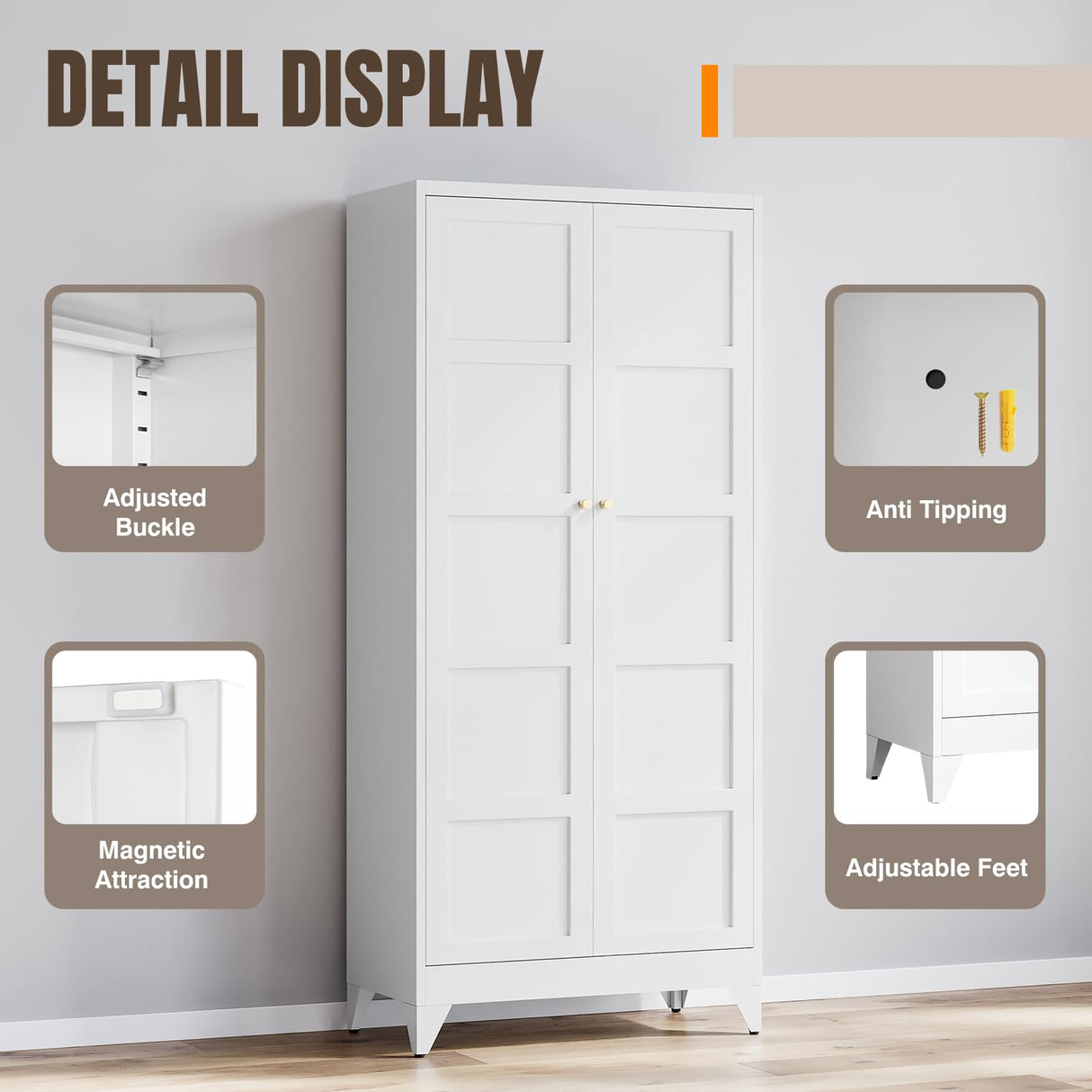 Yizosh Metal Storage Cabinet with 2 Doors and 4 Adjustable Shelves,- 72" White Kitchen Pantry Storage Cabinet for Kitchen,Living Room,Dining Room Yizosh