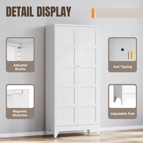 Yizosh Metal Storage Cabinet with 2 Doors and 4 Adjustable Shelves,- 72" White Kitchen Pantry Storage Cabinet for Kitchen,Living Room,Dining Room Yizosh