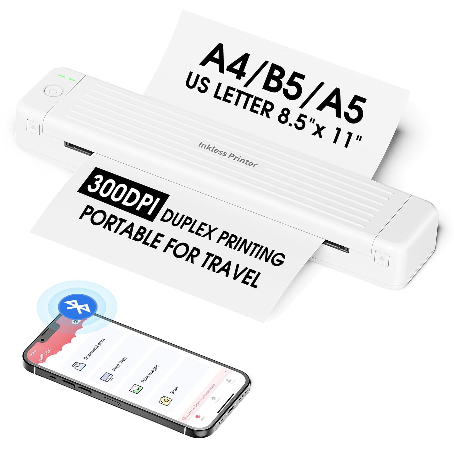 Portable Printer for iPhone iPad Laptop PC - Bluetooth Printer Supports Dual-sided Printing Letter/A4/B5/A5 Regular Paper, Wireless Printer for Home Travel Office Vehicle Word PDF Excel TxT 300DPI