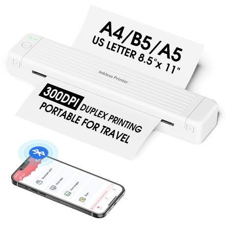 Portable Printer for iPhone iPad Laptop PC - Bluetooth Printer Supports Dual-sided Printing Letter/A4/B5/A5 Regular Paper, Wireless Printer for Home Travel Office Vehicle Word PDF Excel TxT 300DPI Zoolion