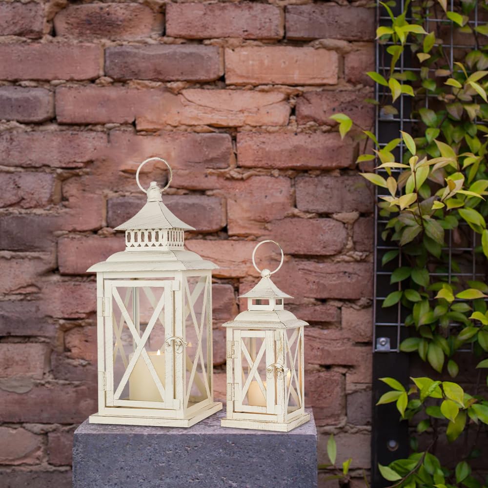 Lanterns Decorative Outdoor&Indoor, Set of 2 (14"&10") Beige Metal Lantern Decor with Glass, Candle Holder for Porch, Patio, Garden, Balcony, Wedding, Table Centerpiece NEEDOMO