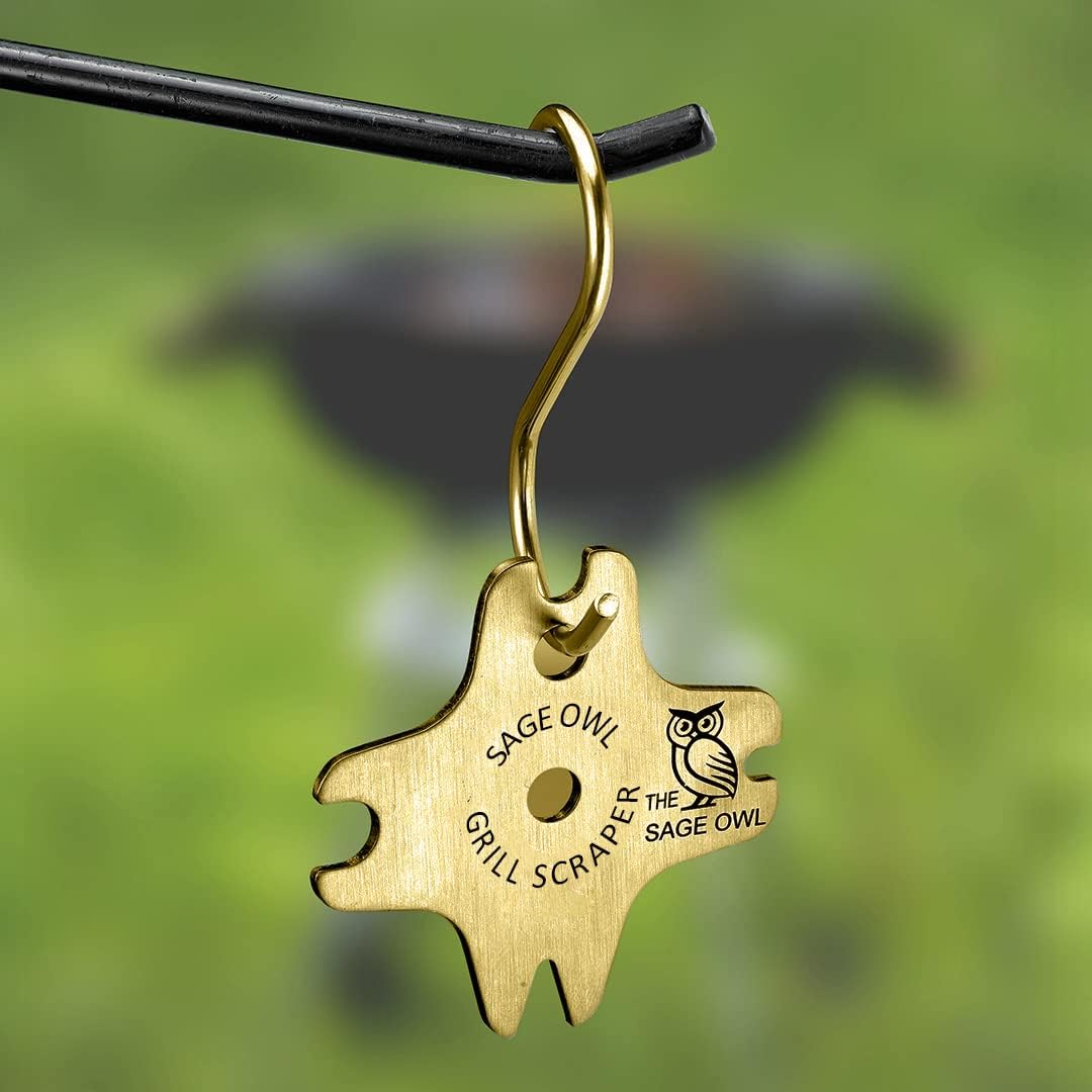 Sage Owl Bristle-Free Brass BBQ Grill Scraper – Safe Grill Cleaner for Outdoor Grills, Porcelain Grates, Smoker Accessories, Cooking Gadgets, and Barbecue Grilling Tools – Small Gifts for Dad The Sage Owl