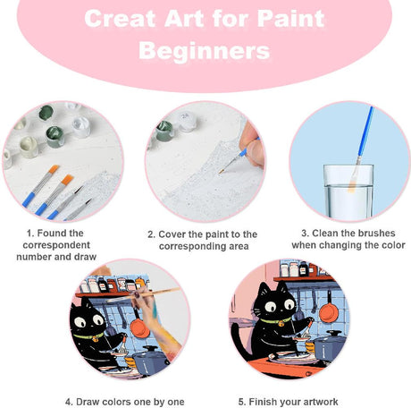 4Pack Funny Black Cat Kitchen Paint by Numbers Kit for Kids, Vintage Animals Easy Framed Adults Paint by Numbers Kits, DIY Cute Cat Acrylic Oil Painting Number Kits for Home Wall Decor (8 x 8 Inch) Fotasmua