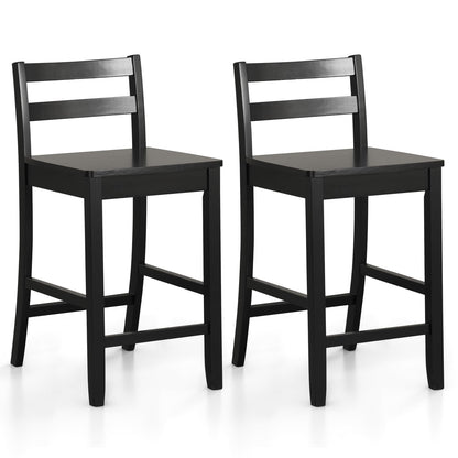 COSTWAY Wooden Bar Stools Set of 2, 24-Inch Counter Height Stools with Ergonomic Backrest & Footrest, Farmhouse High Dining Chairs for Kitchen